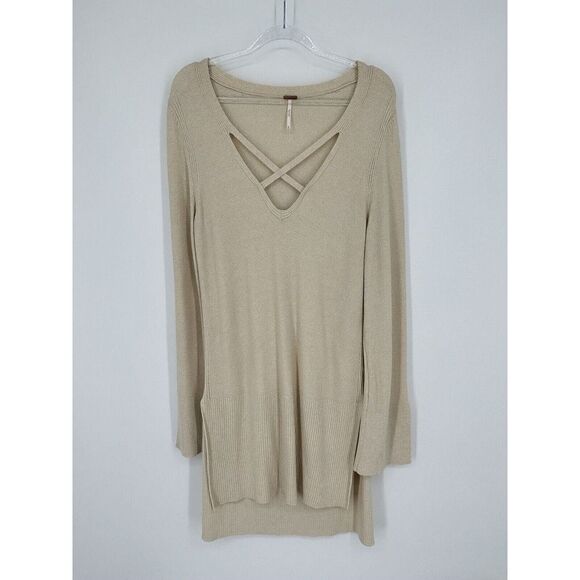 Free People Criss Cross Tunic Sweater V-Neck Long Sleeve Cream Size M - Picture 2 of 12